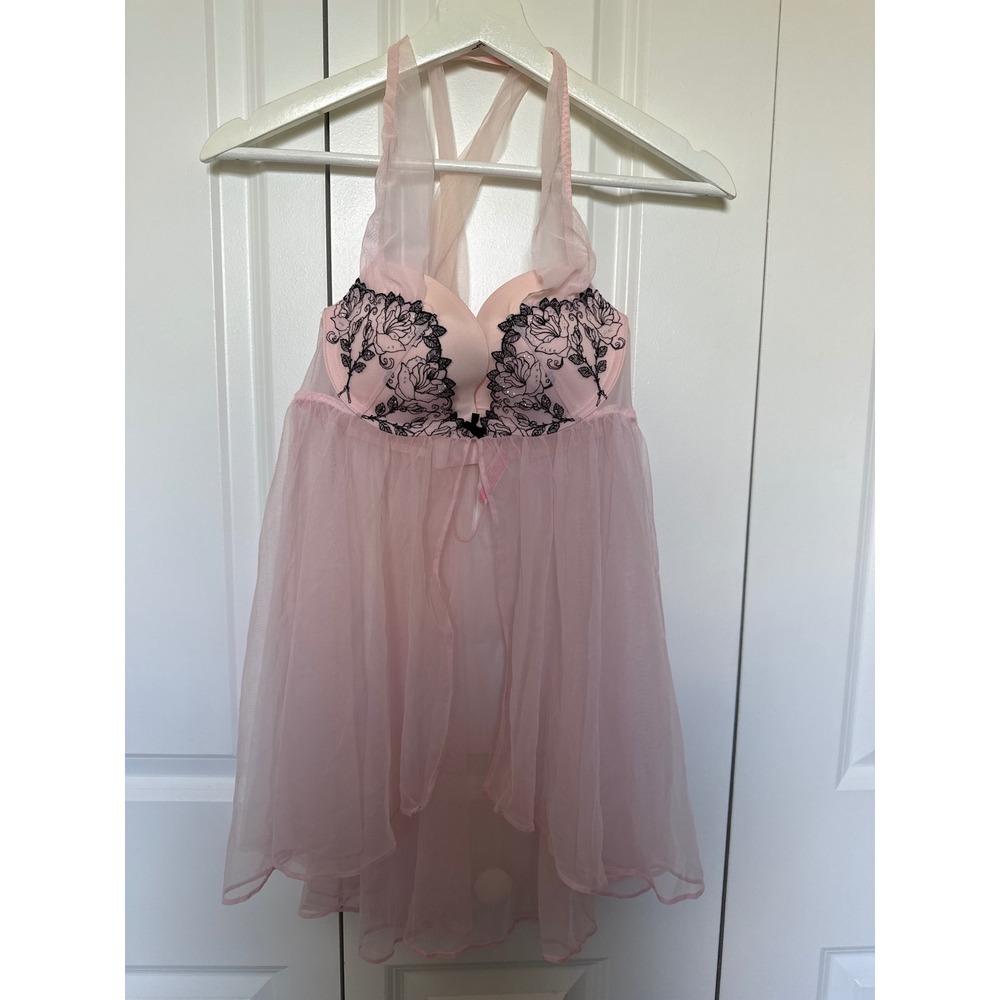Victorias Secret Pink Mesh Babydoll Lingerie Black Floral Embroidery 36B Bridal